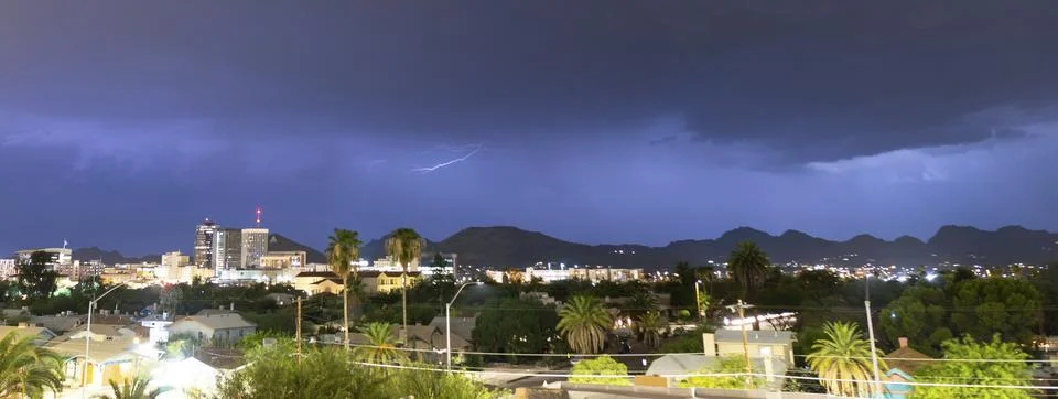Electrical Storm Lightning Striking over Downtown Tucson Arizona United States Stock Photos