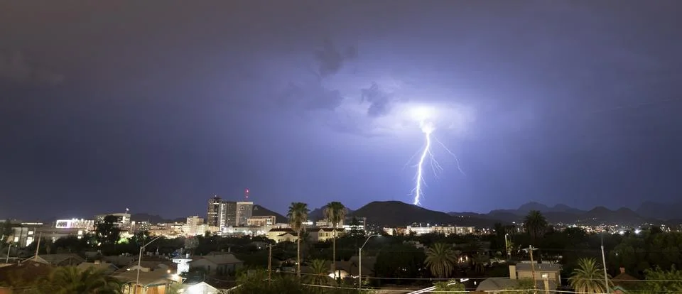 Electrical Storm Lightning Striking over Downtown Tucson Arizona United States Stock Photos