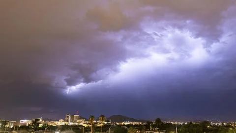 Electrical Storm Lightning Striking over Downtown Tucson Arizona United States Stock Photos