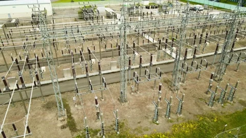 Electrical substation aerial view of power lines and transformers Vídeo Stock 337408237
