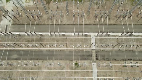 Electrical Substation Aerial View of Power Lines and Transformers Stock Footage 338026390