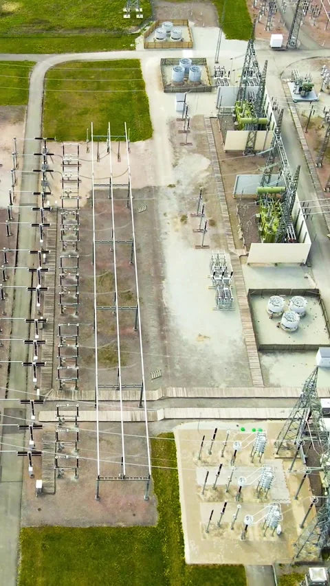 Electrical Substation Aerial View Showing Power Transformers and Lines Stock Footage 336539430