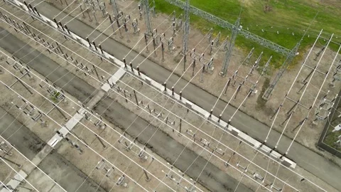 Electrical substation aerial view with transformers and voltage insulators Stock Footage 338328074
