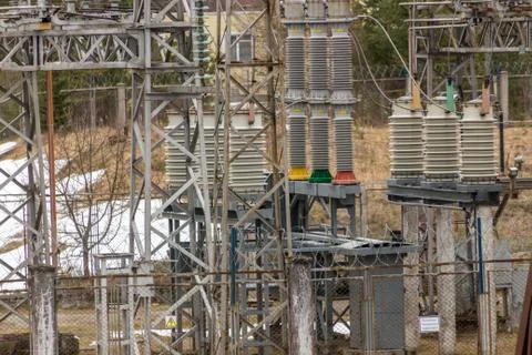Electrical substation against the forest Foto stock