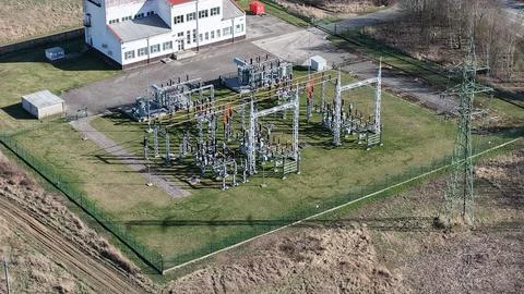 Electrical substation and power distribution equipment from above, wide view 스톡 사진
