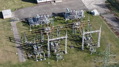 Electrical substation and power distribution equipment from above, overhead view 스톡 사진