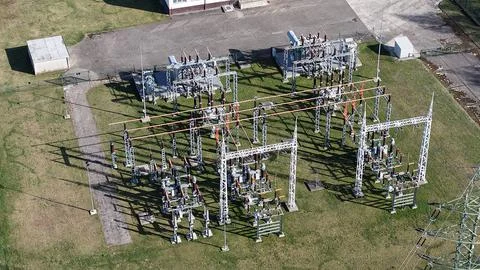 Electrical substation and power distribution equipment from above, closer view 스톡 사진
