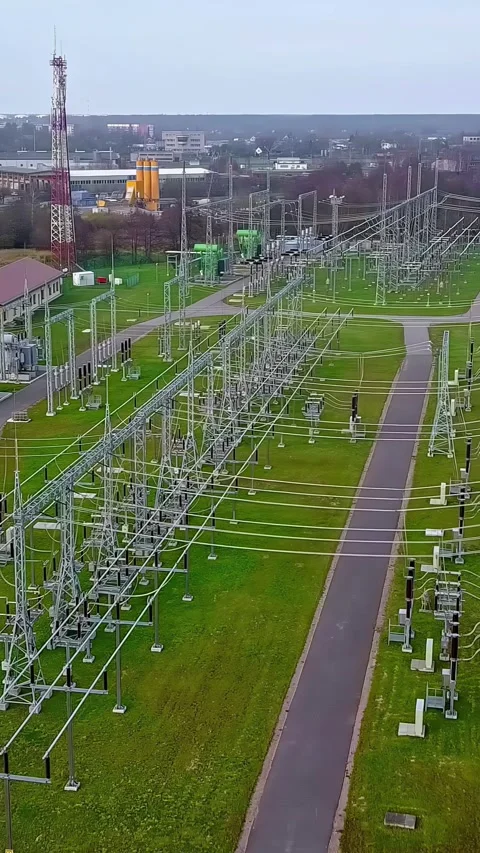 Electrical substation and power grid in Latvia - Aerial parallax shot Stock-Footage 312242744