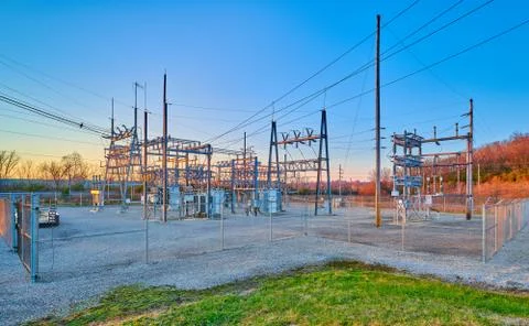 Electrical Substation at Dusk Stock Photos