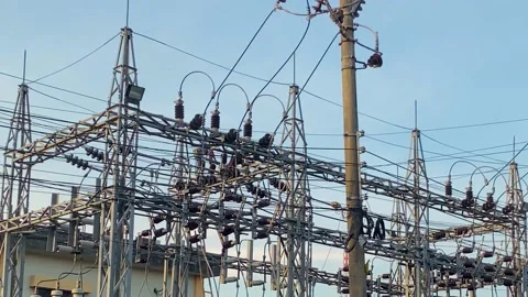 Electrical substation full of wires and cables. Distribution of Stock Footage 233714831