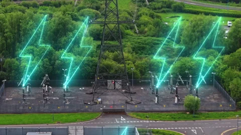 Electrical Substation with Glowing Animated Electric Graphics Icons. Stock Footage 337976020