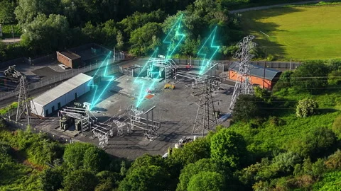 Electrical Substation with Glowing Blue Animated Electric Graphics Icons Stock Footage 337975958