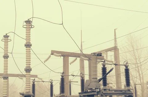 Electrical substation of high voltage with elements of insulating structures. Stock Photos