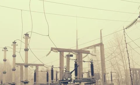 Electrical substation of high voltage with elements of insulating structures. Stock Photos
