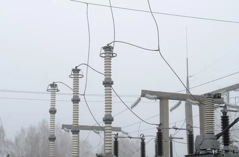 Electrical substation of high voltage with elements of insulating structures. Stock Photos