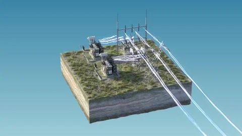 Electrical substation, high voltage. Isolated on the island. Stock Illustration