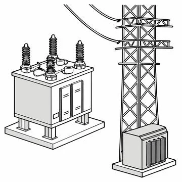 Electrical Substation Infrastructure Elements and High Voltage Transformer Stock Illustration