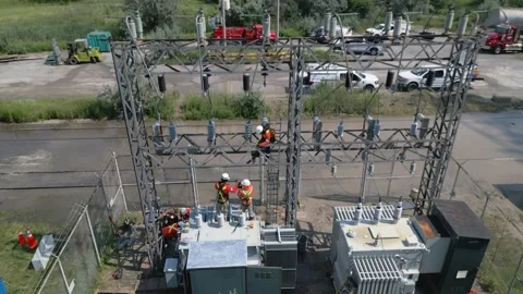 Electrical Substation Maintenance After Flood Aerial Orbit Stock Footage 331058550