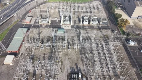 Electrical substation power grid and transformers aerial view Stock Footage 339304201