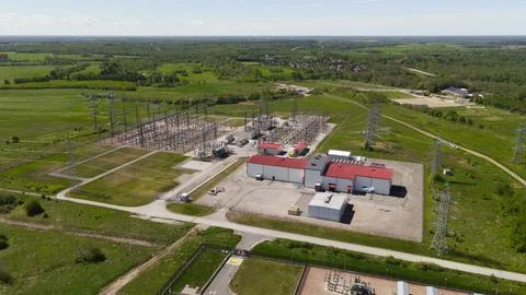 Electrical substation providing power to data center in rural landscape 스톡 사진