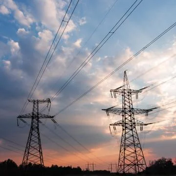 Electrical substation silhouette on the dramatic sunset background Fotos de archivo