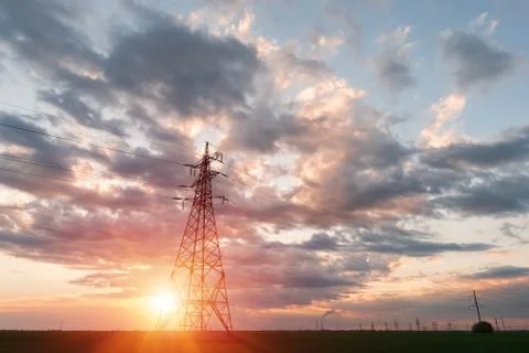 Electrical substation silhouette on the dramatic sunset background Fotos de archivo