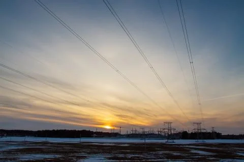 Electrical substation on sunset background Fotos Stock