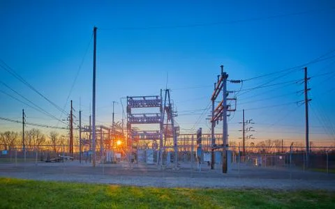 Electrical Substation at Sunset Stock Photos