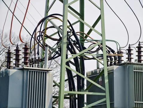 Electrical substation with supporting structures. High voltage equipment wi.. Fotos Stock