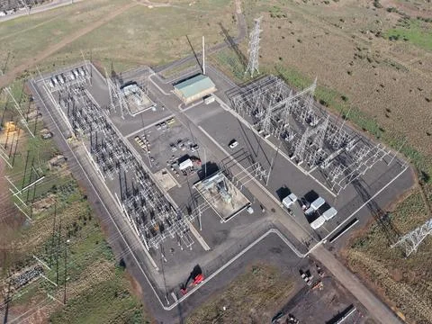 Electrical substation switching power generating and transmission lines Stock Photos