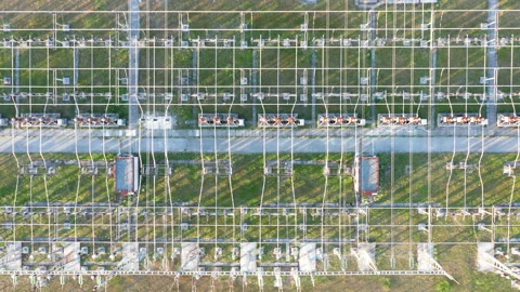Electrical substation: transformers and grid of pylons, lines and wires Stock Footage 152052026