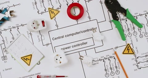 Electrical supplies scattered on computer controller plan Stockbeeldmateriaal 277618759