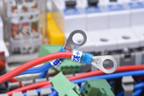 Electrical switchboard with cable and circuit breakers Stock Photos