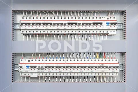 Electrical switchboard with different colored wires and sensors. Stock ...