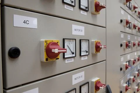 Electrical Switchgear Control Panel with Red Disconnect Switches Stock Photos