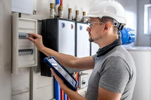 Electrical technician looking focused while working in a switchboard with fuses. Stock Photos