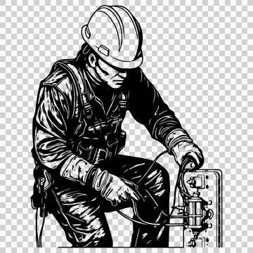 Electrical Technician Working On Panel hard hat ink Illustrazione stock