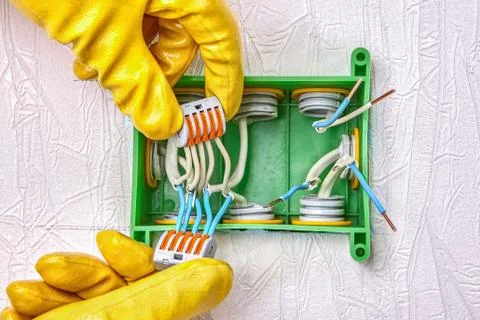 Electrical terminal block with push lever. Fotos de archivo