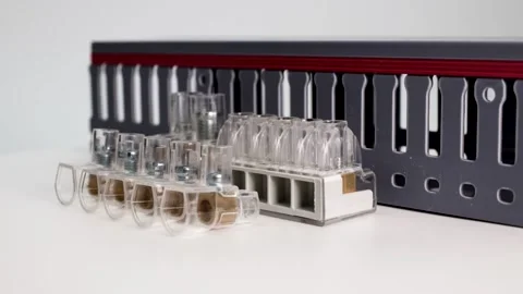 Electrical terminal blocks and distribution blocks on a white background. Stock Footage 170780202