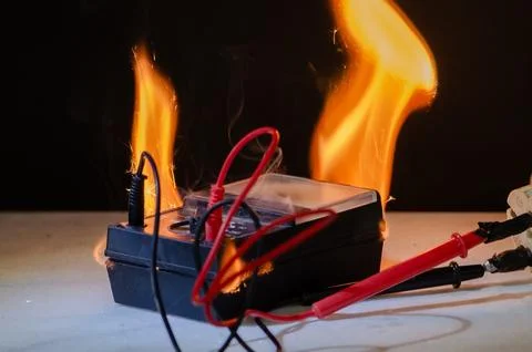 Electrical tester fire with overload and destruction of device housing Foto stock