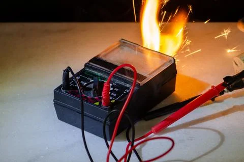 Electrical tester fire with overload short circuit and device destruction Stock-Fotos