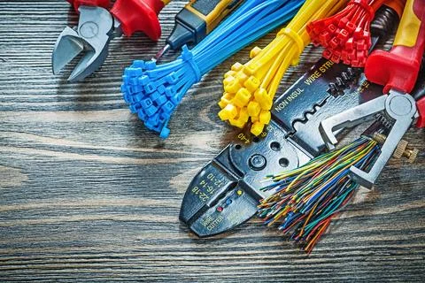 Electrical tester Wires Cable ties Bolt cutters Wire strippers Insulation Stock Photos