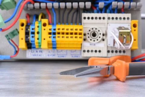 Electrical tool ans component, mounting electrical switchboard cabinet Stock Photos