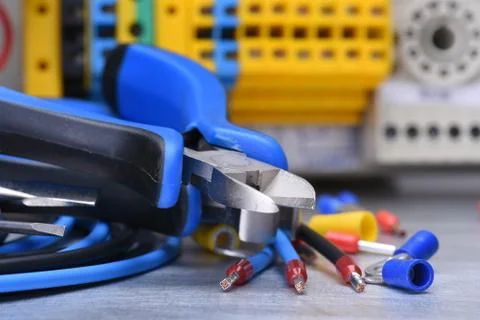 Electrical tool ans component, mounting electrical switchboard cabinet Stock Photos