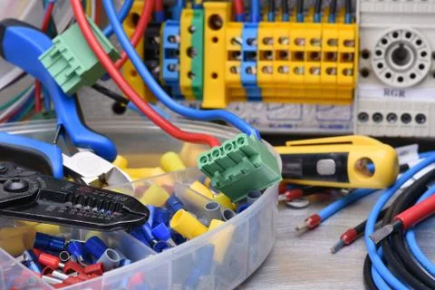 Electrical tools and  accessories with switchgear cabinet Foto stock