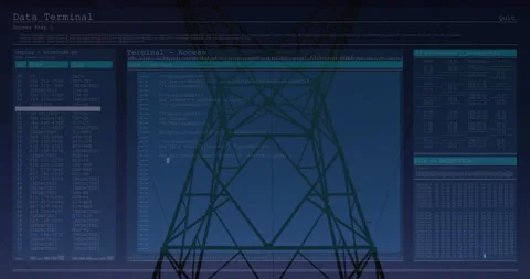 Electrical tower merging with terminal windows displaying redacted logs and code Stock Footage 307885901