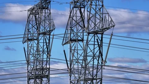Electrical Tower Power Cables in motion Aerial shot  Video stock 291889440