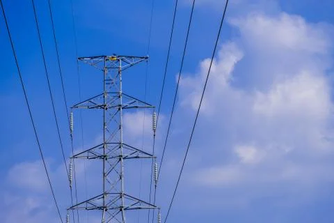 Electrical tower station high voltage with electrical wiring cable Foto stock