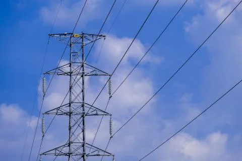 Electrical tower station high voltage with electrical wiring cable Foto stock