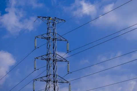 Electrical tower station high voltage with electrical wiring cable Stockfoto's